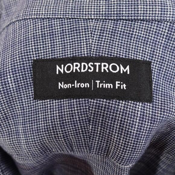 Nordstrom Shirt Mens 17.5 Blue Non Iron Trim Fit Plaid Dress Long Sleeve - Picture 6 of 9